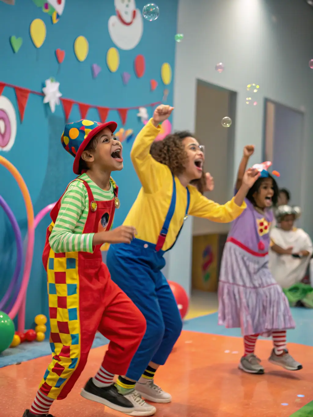 A photograph of a clowning workshop at CIRQUE EN RIVIERA, featuring participants in colorful costumes and makeup, engaging in improvisational exercises and learning the art of physical comedy.
