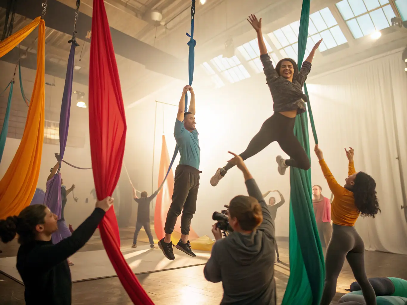 A group of people of different ages and abilities participating in a circus arts workshop, smiling and engaged in various activities such as juggling, balancing, and aerial silks.