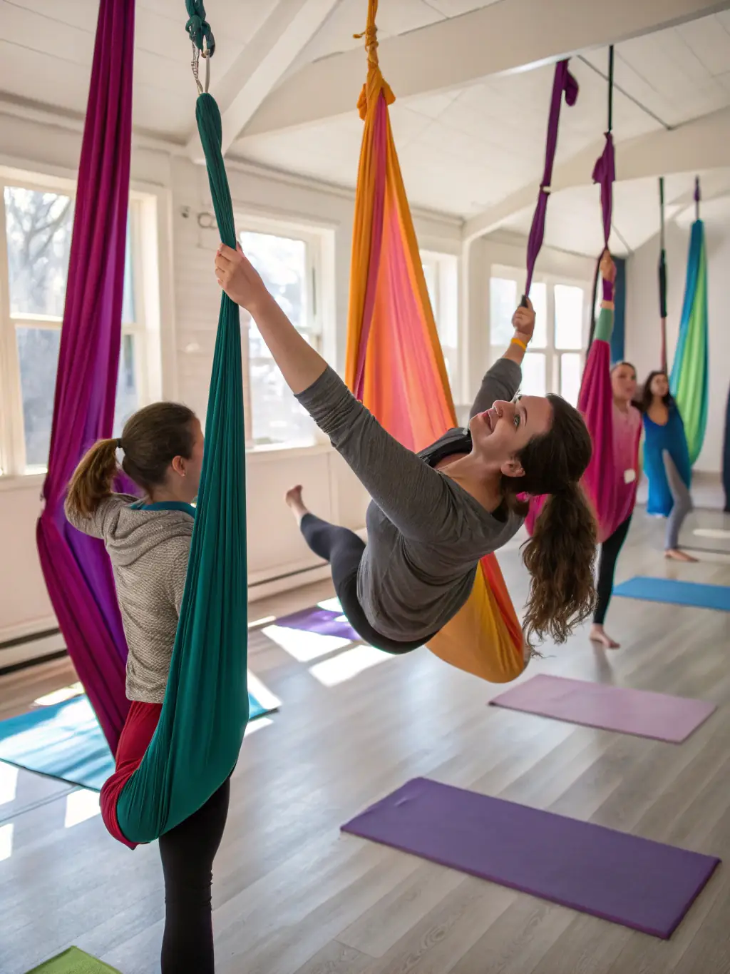An image capturing an aerial silks training session at CIRQUE EN RIVIERA, showing students gracefully suspended in the air, practicing various poses and movements under the supervision of experienced instructors.